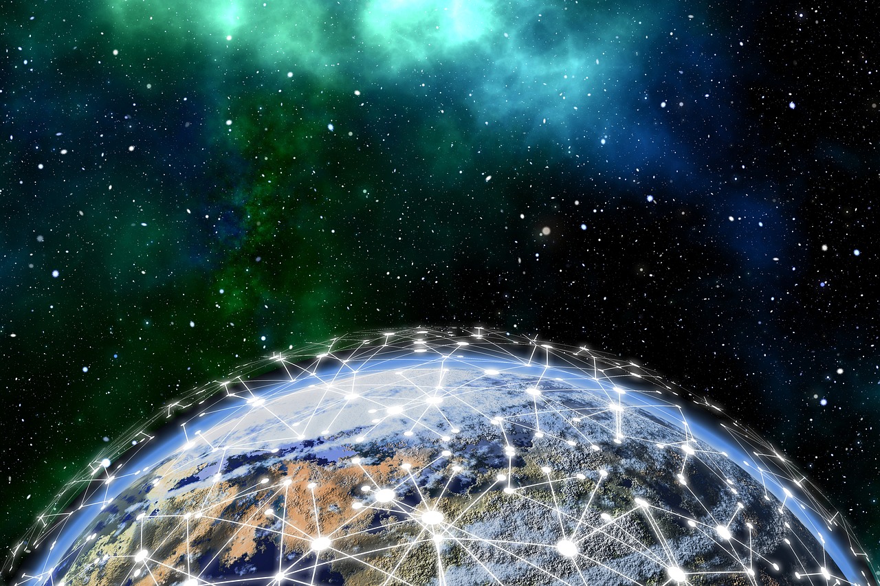 Global network with interconnected nodes representing blockchain technology.